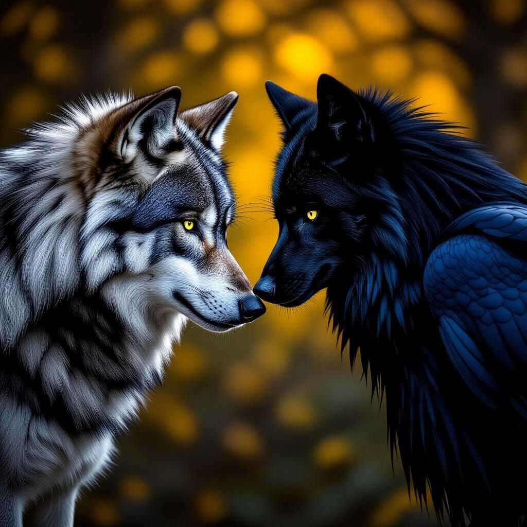 Monochrome Wolves and Ravens in Dark Fantasy Style