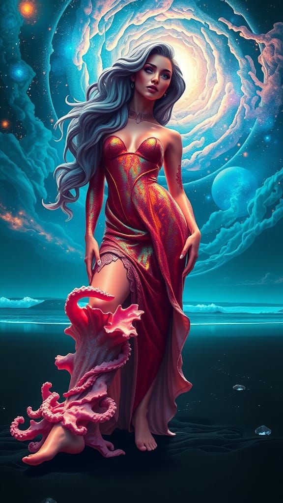 Surreal Goddess of the Ocean's Depths in Bioluminescent Cora...