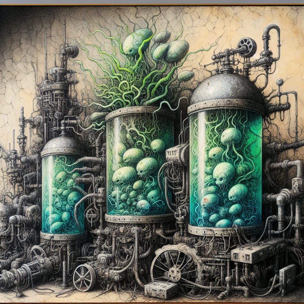 Overgrown Laboratory with Mutated Plants in Art Brut Style