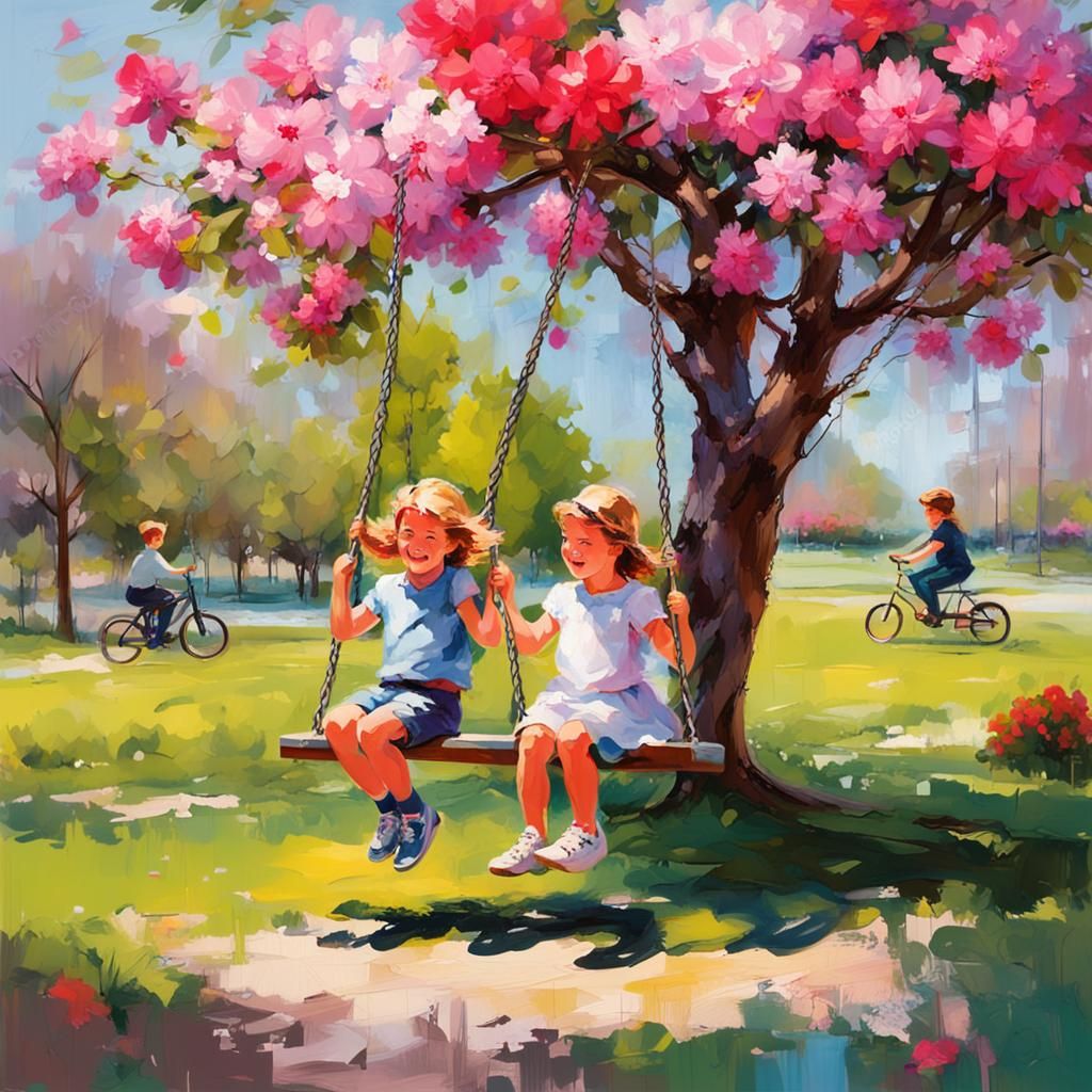 Sisters on a Swing Set: Expressionist Splash Art