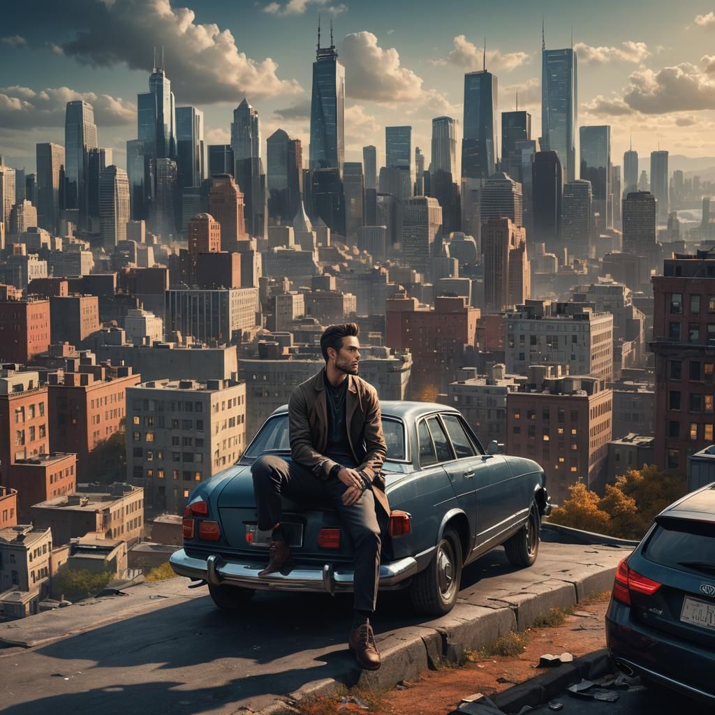 Man on Car Trunk with Cityscape, Aestheticism Style