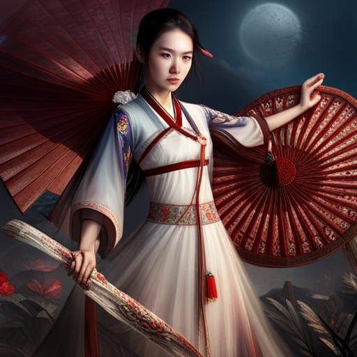 Chinese Woman in Traditional Dress with Fan