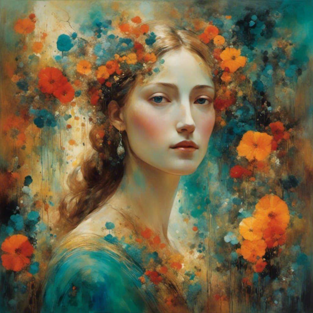 Beautiful Woman in Dreamy Floral Garden Watercolor