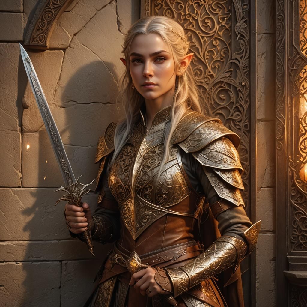 Hyper-realistic beautiful elven female fighter  her intricat...