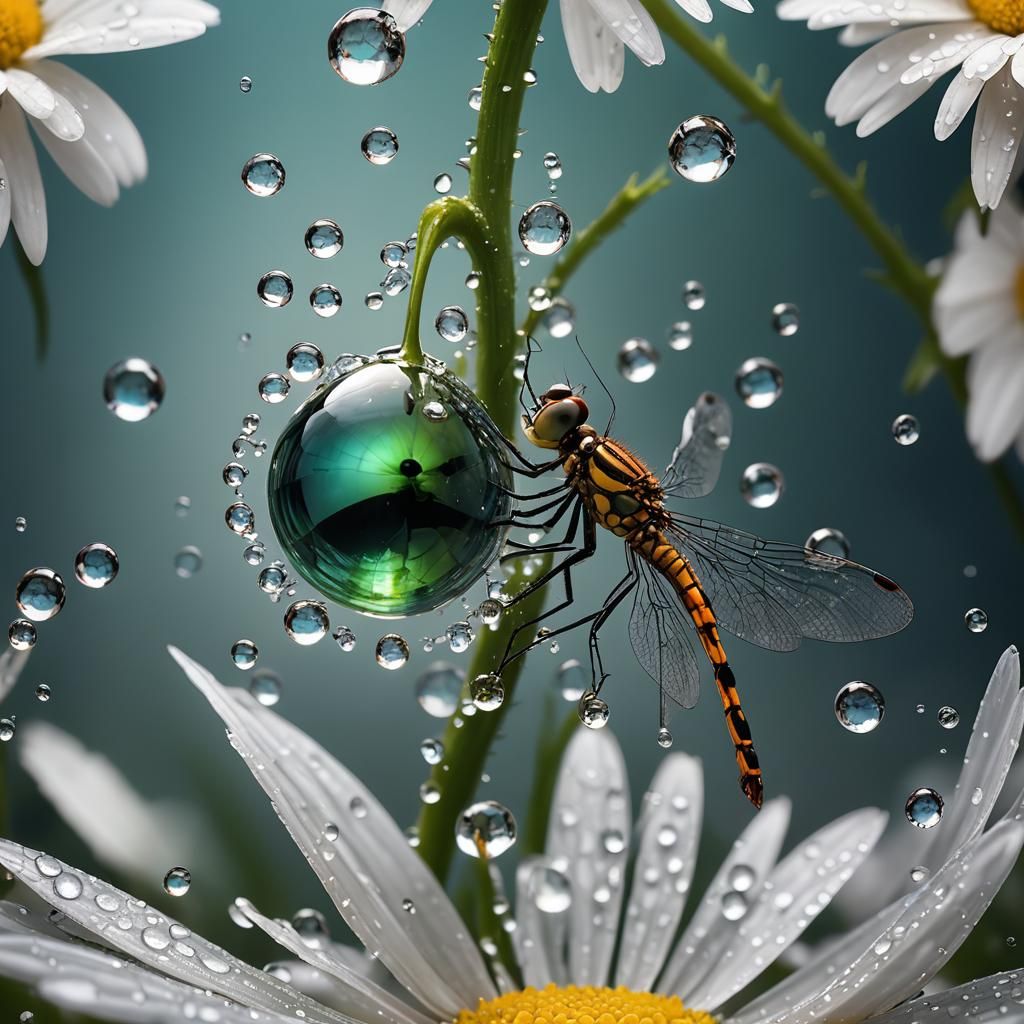 Dragonfly Gazes into Dewdrop: Macro Photography