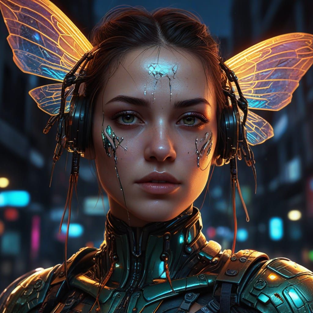 Cyberpunk Girl with Cicada Wings in Neon City