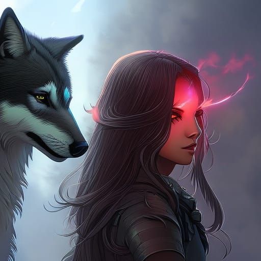 Hyperrealistic Girl with Wolf Splash Art