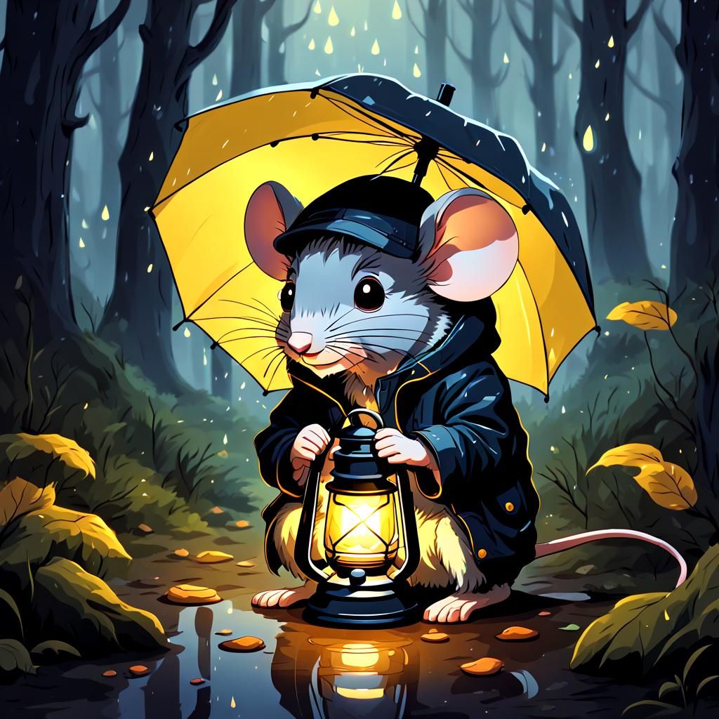 Mouse in Forest with Lantern, Anime Style