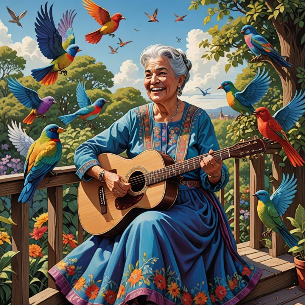 Latin Abuela Serenades Iridescent Birds on Sunny Patio