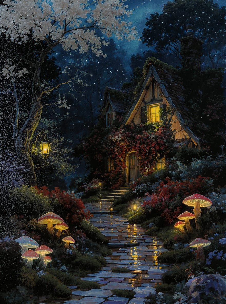 Fantasy Cottage at Night: Impressionist Watercolor Painting
