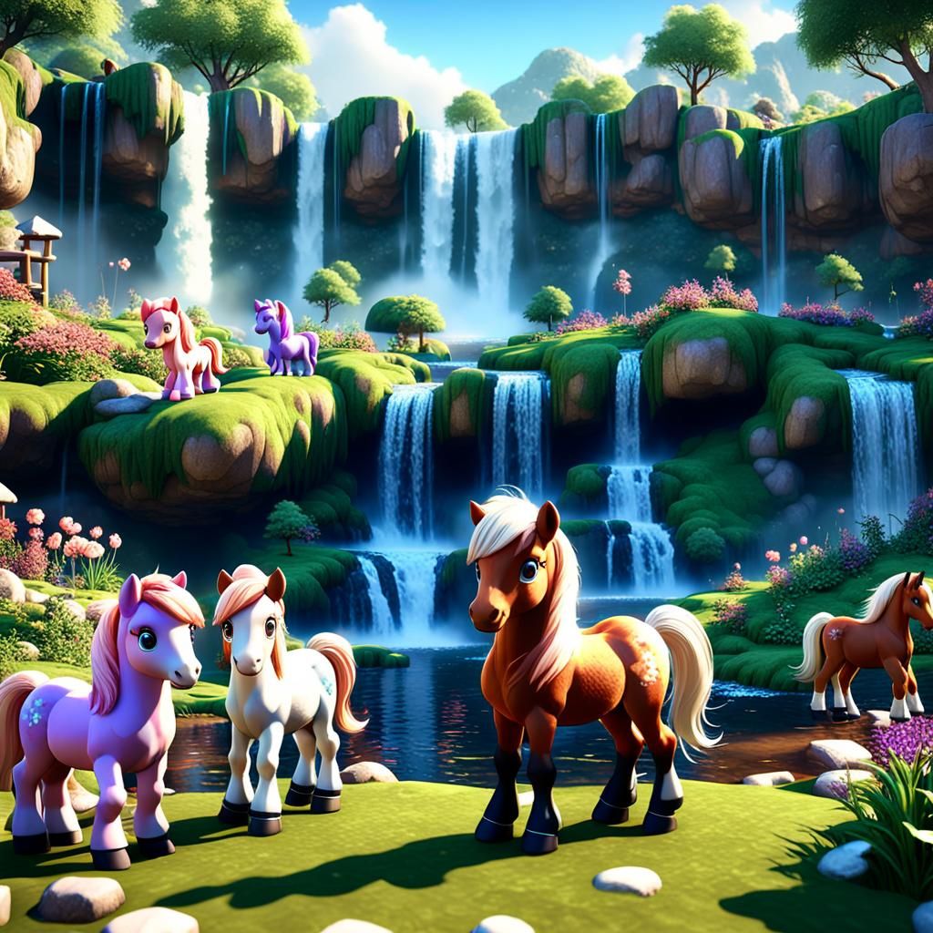 Babies and Ponies in a Waterfall Garden: 3D Render