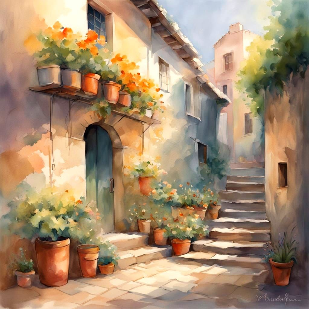 Rustic Street Scene in Watercolor Style