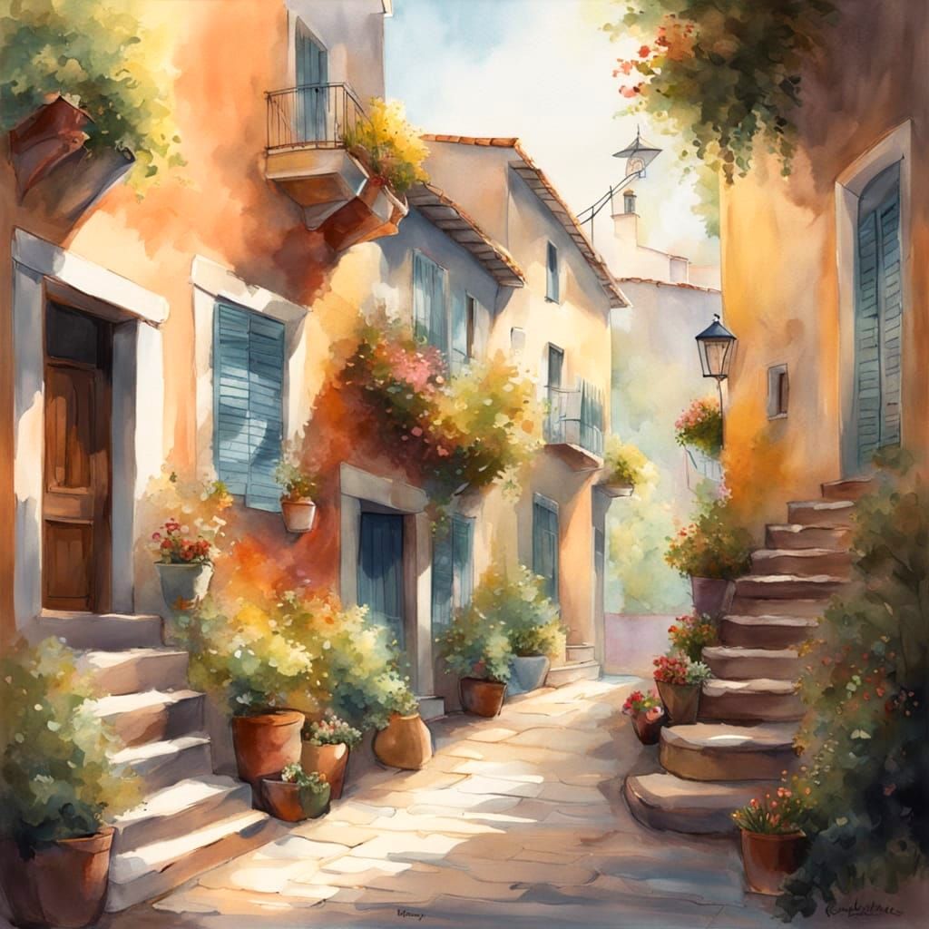 Serene Watercolor Street Scene in a Charming Old Town