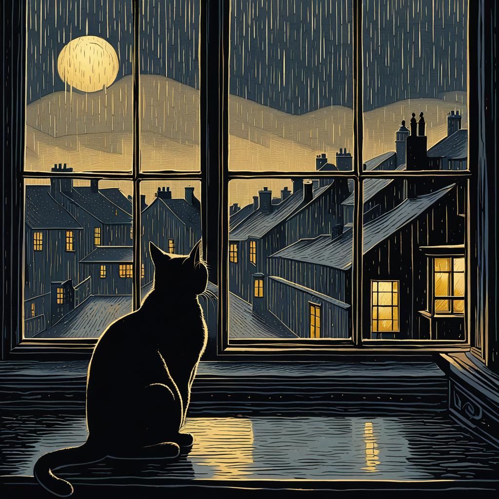 Firelit Room: Cat in Ravilious Woodcut Style