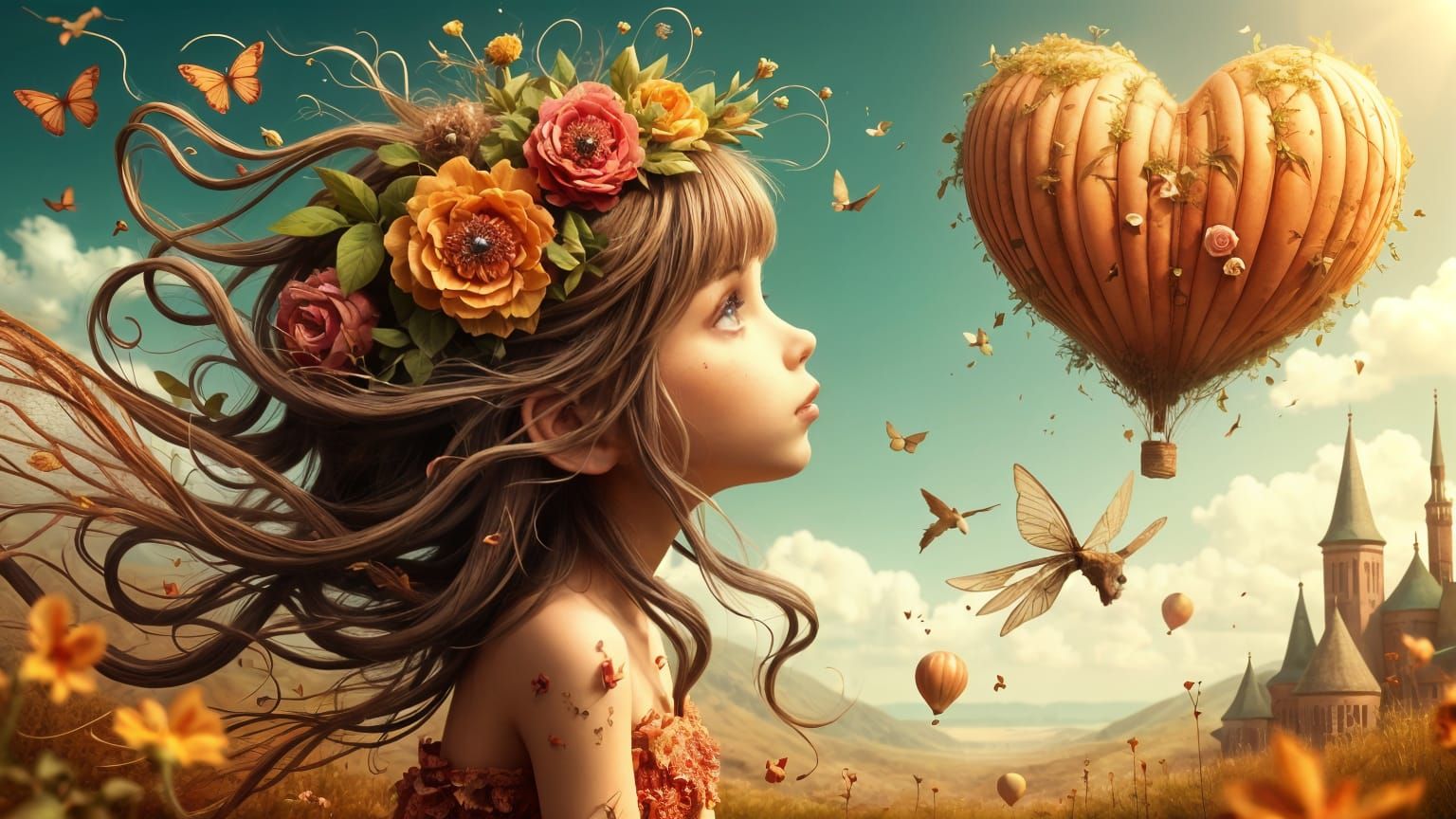 Whimsical Pixie Girl Contemplates a Vibrant Balloon