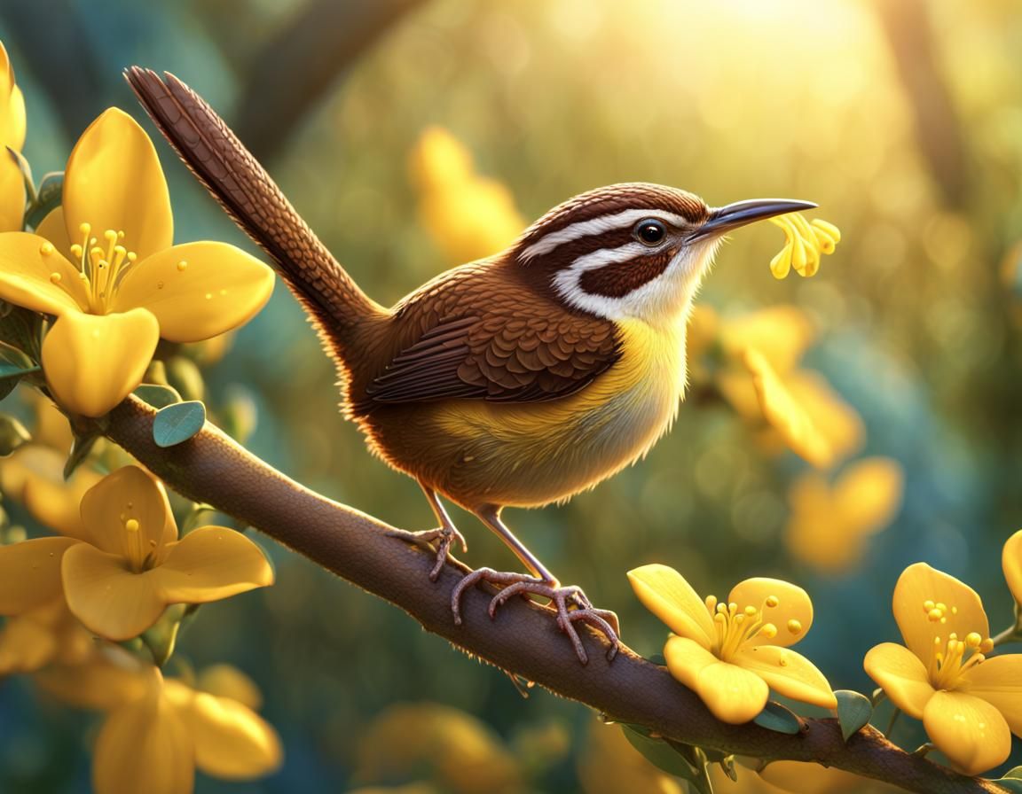Carolina Wren on Jasmine Vine in Morning Sun