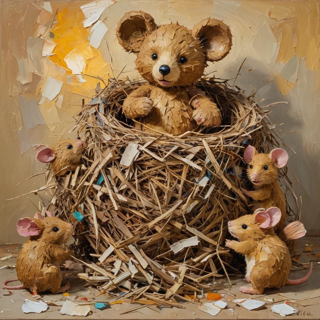 Expressionist Mice Nest in Teddy Bear, Impasto Oil Painting