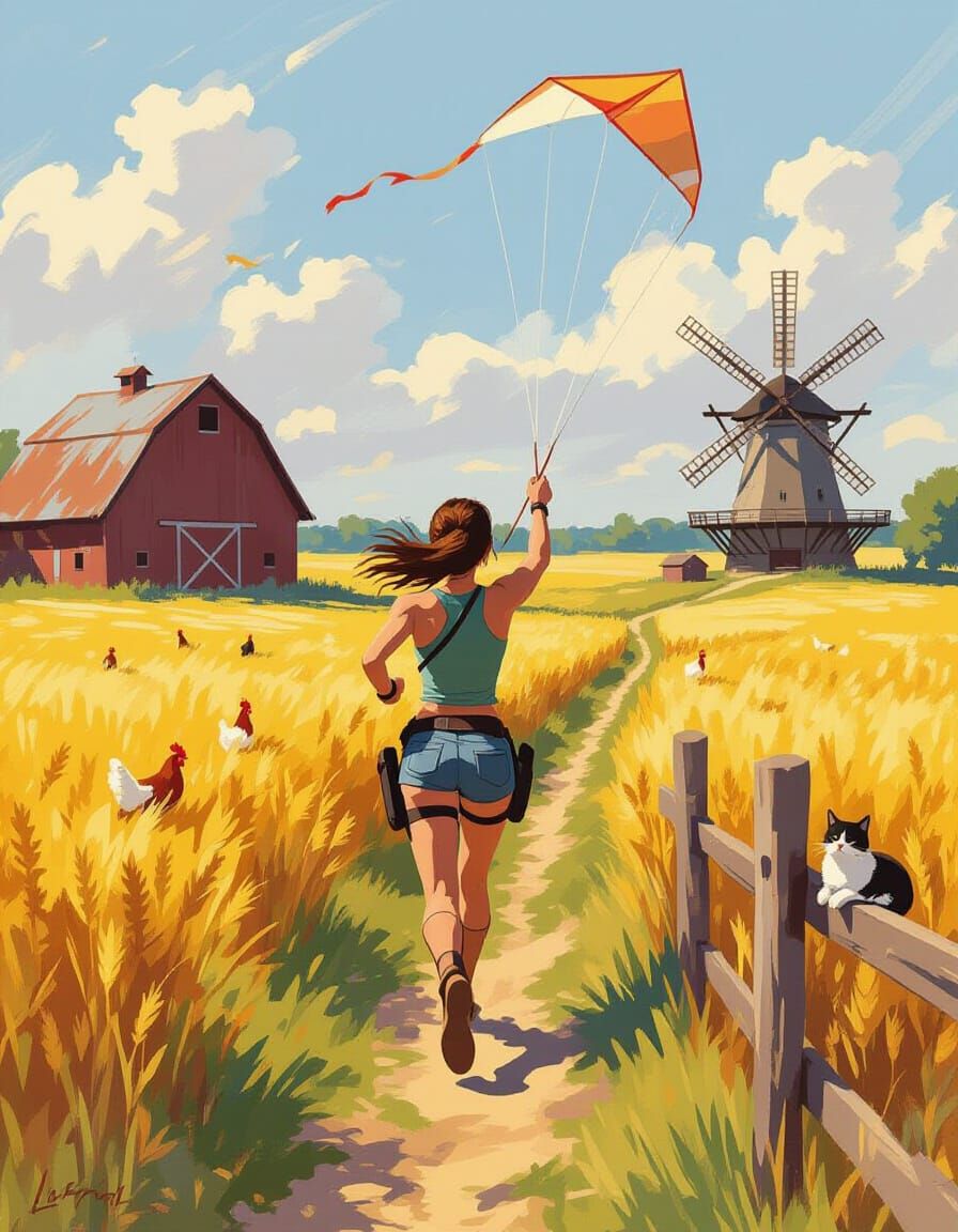 Lara Croft Runs Through Wheat Field: Impressionist Art