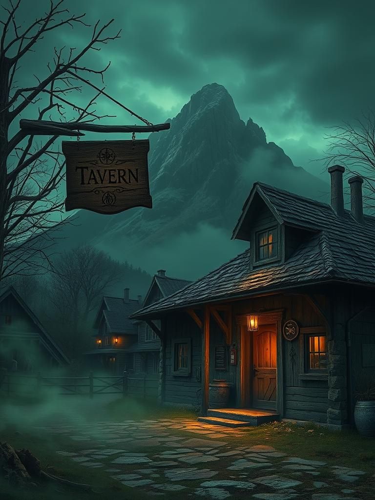 Eerie Tavern in Misty Village at Night