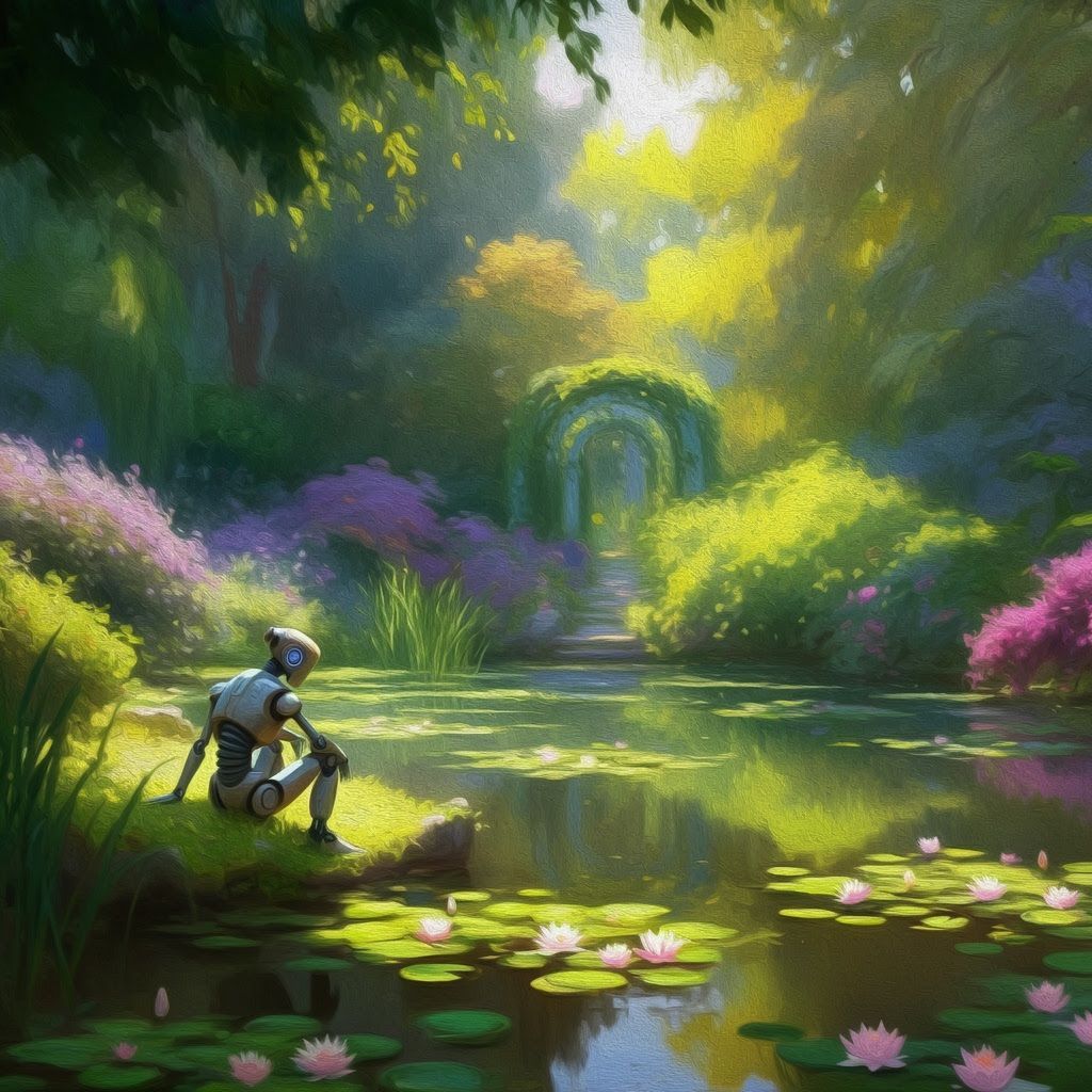Robot Contemplating Tranquil Pond in Monet Style