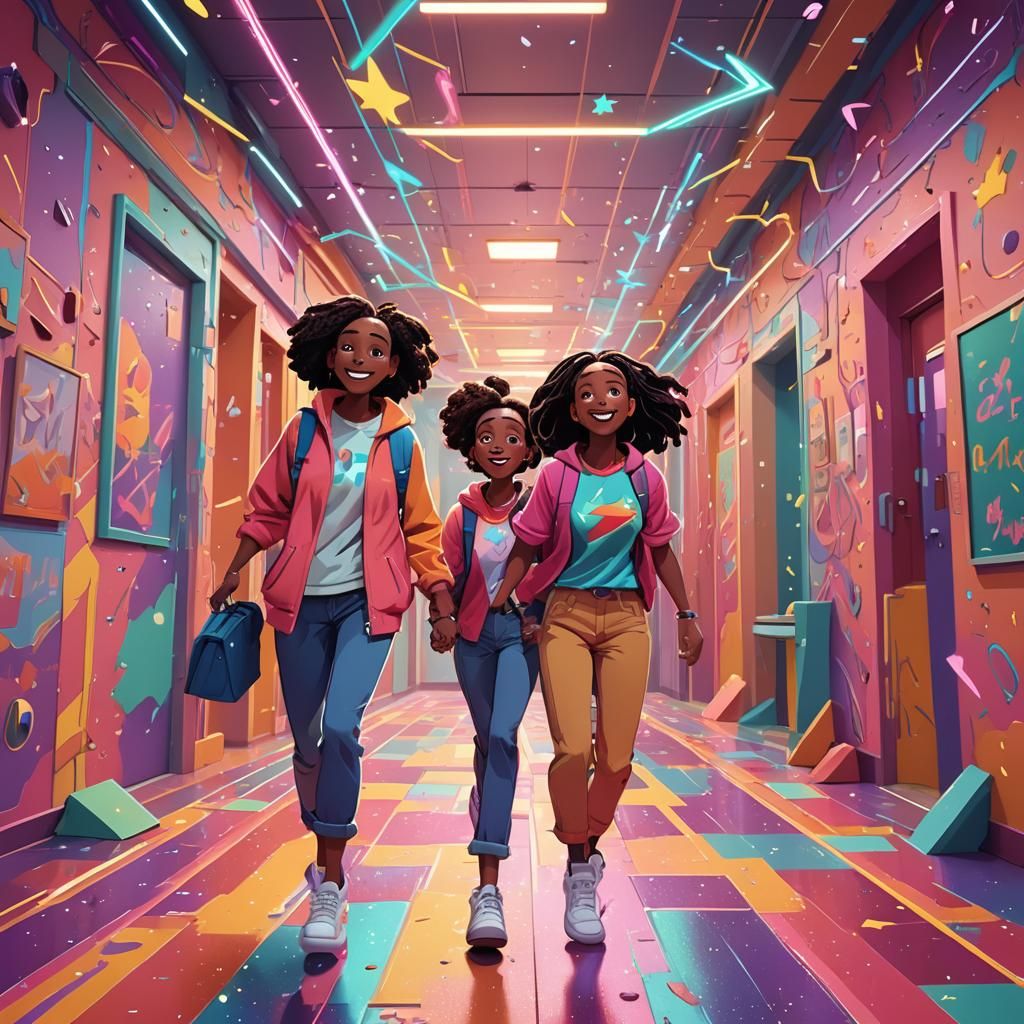 Colorful Cartoon Collision in School Hallway
