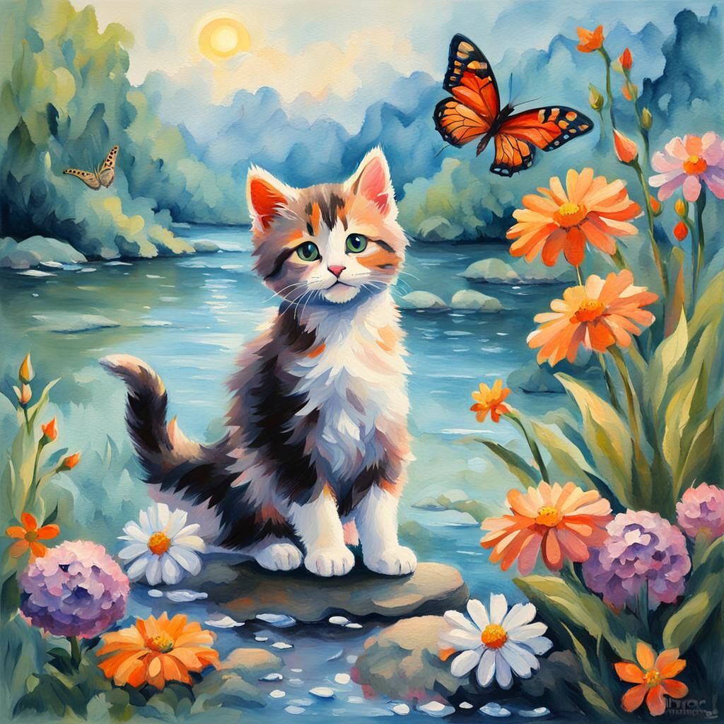Kitten with Flowers in Gouache Watercolor Style