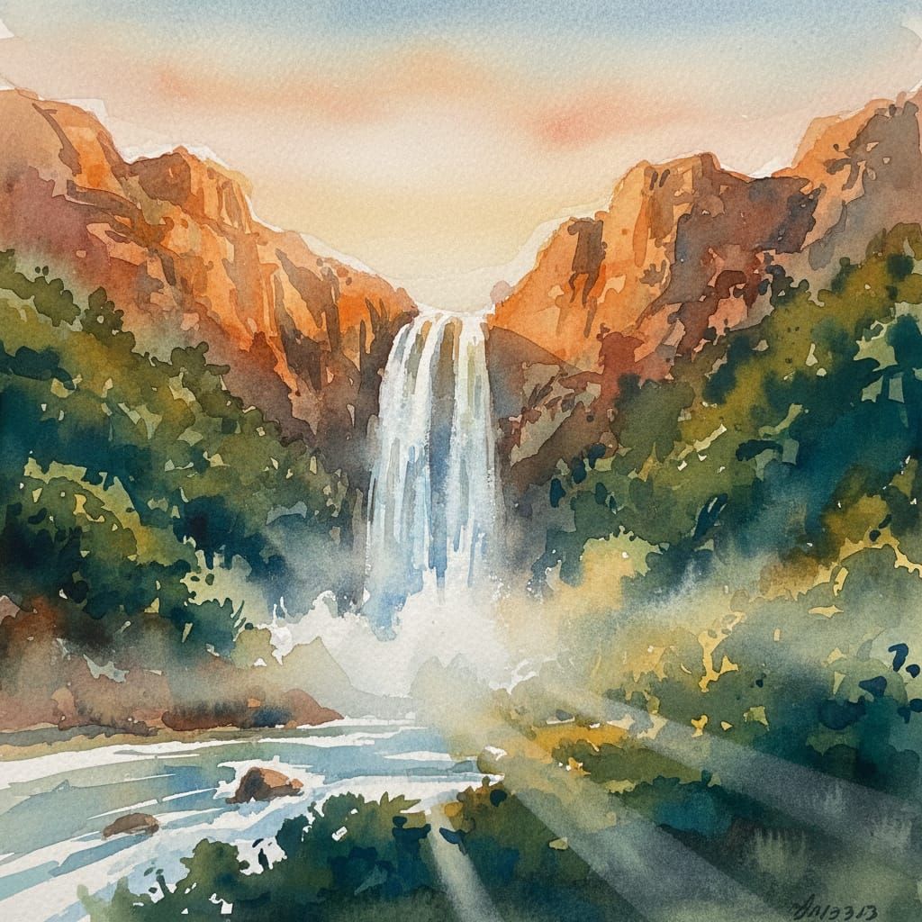 Majestic Waterfall at Sunrise in Bushlands - Watercolour Art