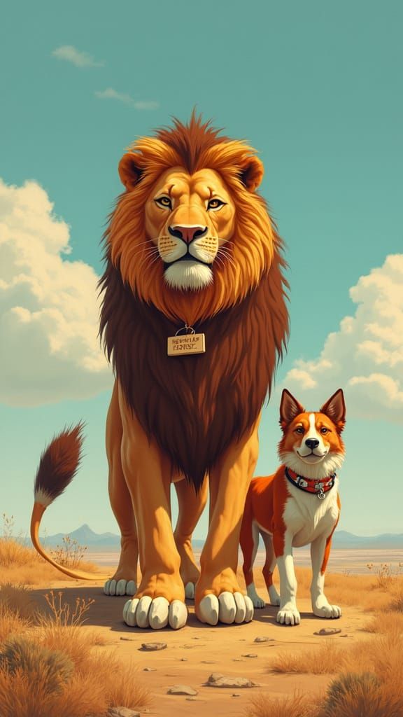 Realistic Lion and Border Collie in Open Landscape