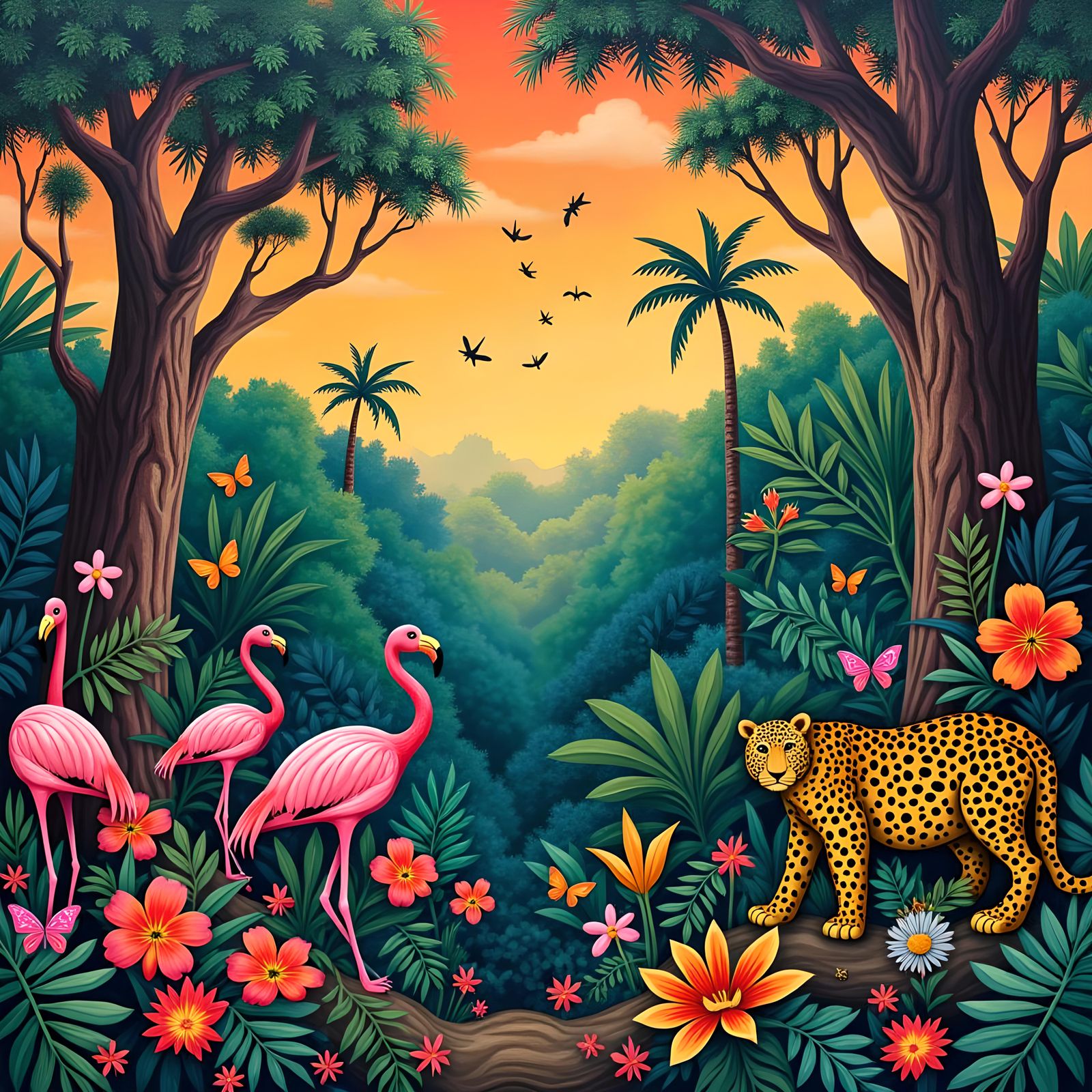 Vibrant Jungle Mural with Exotic Animals