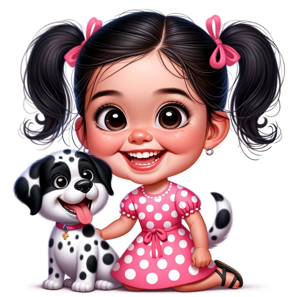 Little Hispanic Girl and Her Playful Spotted Dog in Caricatu...