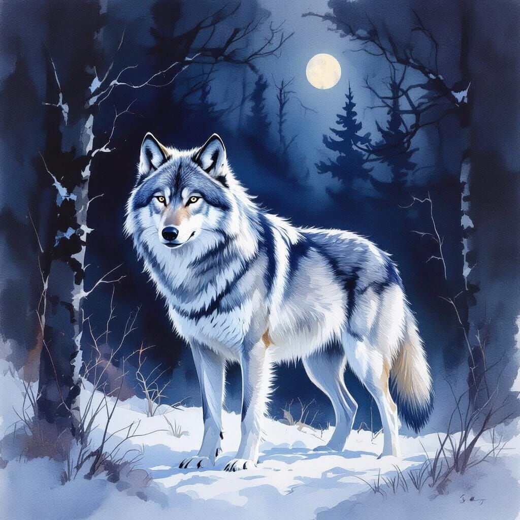 Majestic Silver Wolf in Expressive Watercolor Style
