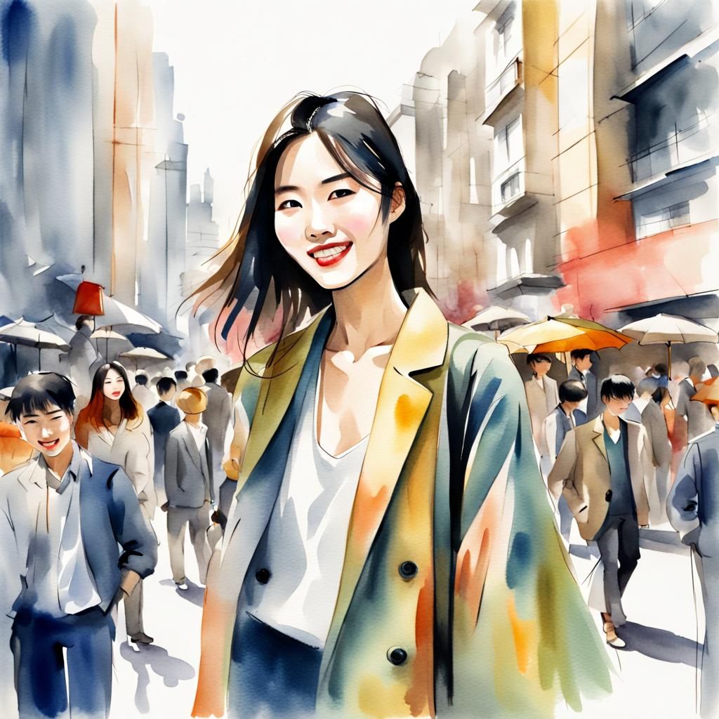 Korean Model in City, Abstract Watercolor