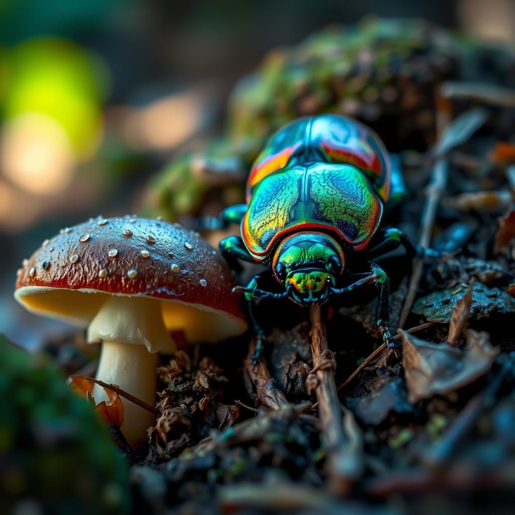 Iridescent Beetle and Bioluminescent Mushroom Macro Photogra...