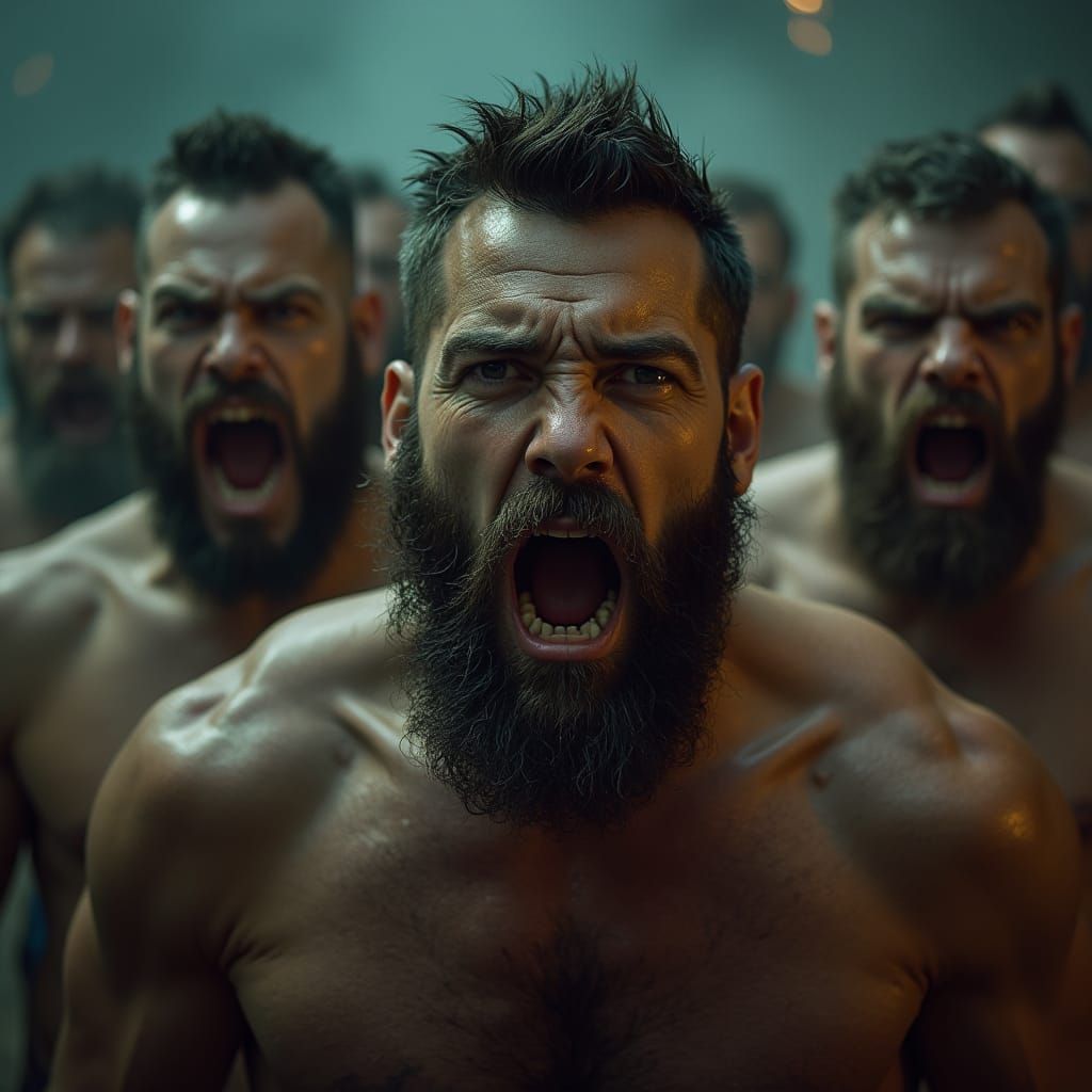 Enraged Bearded Men in Dramatic Cinematic Film Still