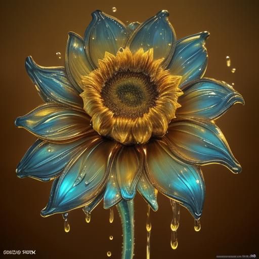 Hyperrealistic Brass Sunflower with Water Droplets