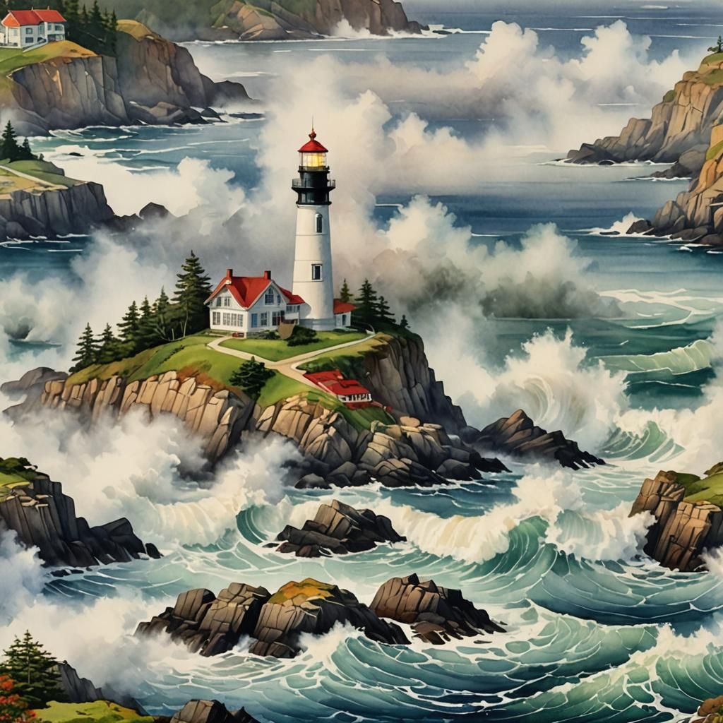 Island Lighthouse in Fog, Romantic Watercolor Style