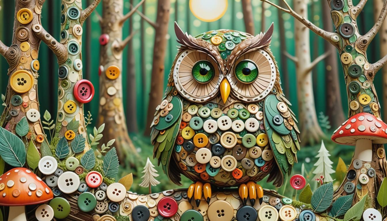 Whimsical Owl with Button Feathers in Mixed Media Art