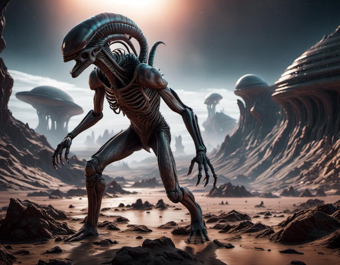 Alien Xenomorph on Barren Planet: Detailed Matte Painting