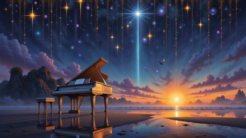Stars Fall Onto Silver Art Deco Piano at Sunset