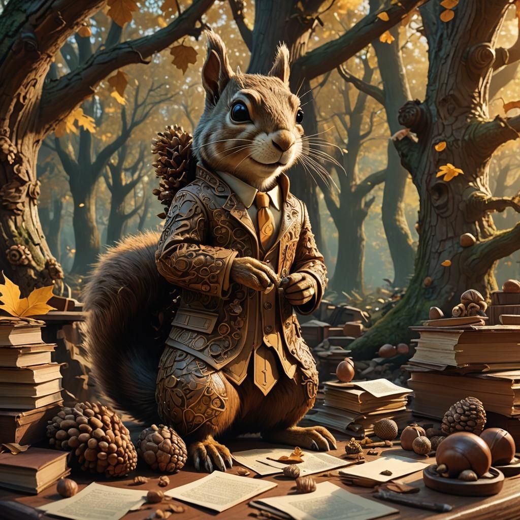 Squirrel Businessman in Mystical Forest, Fantasy Art