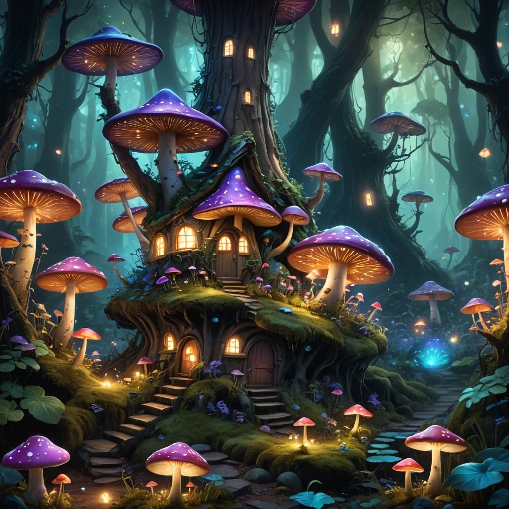 A fairy mushroom house in an enchanted bioluminescent forest...