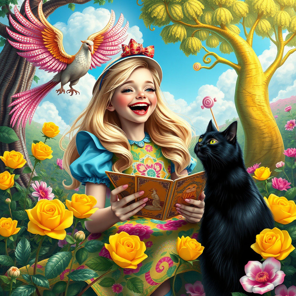 Alice in Wonderland Laughing in Forest, Digital Illustration