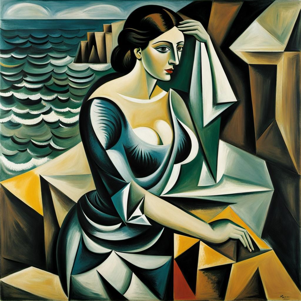 Cubist Woman on Rocks in Picasso Style