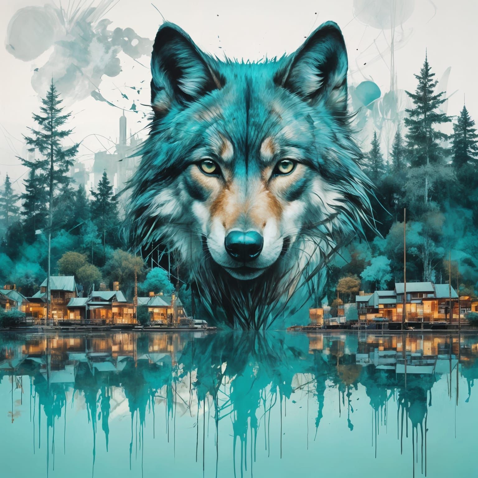 Double Exposure Wolf in Turquoise Cityscape