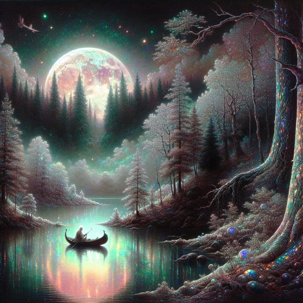 Fantasy Moonlit Lake Scene with Lone Figure in Romantic Styl...