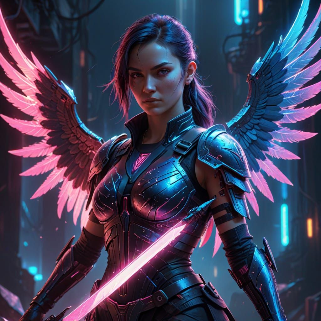 Cyberpunk Woman with Wings and Neon Sword in Dynamic Lightin...