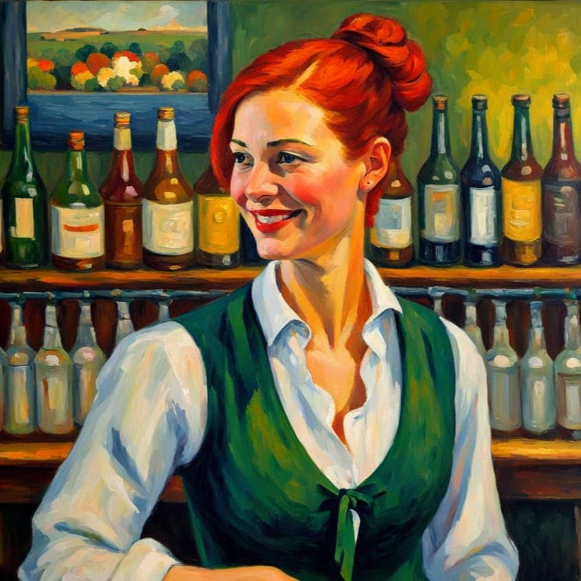 Woman Behind the Bar in an Irish Pub, in Impressionist Style