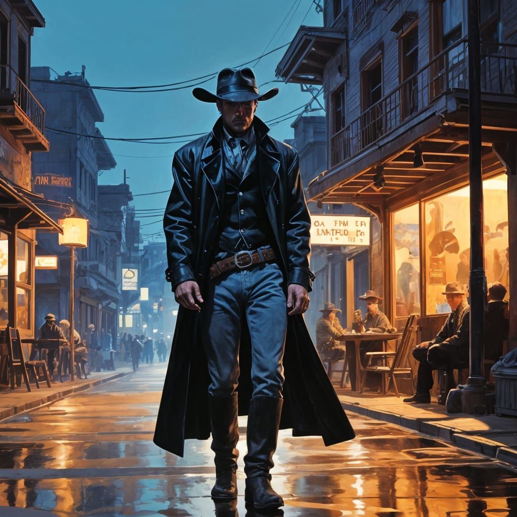 Mysterious Cowboy Against a Moody Western Townscape