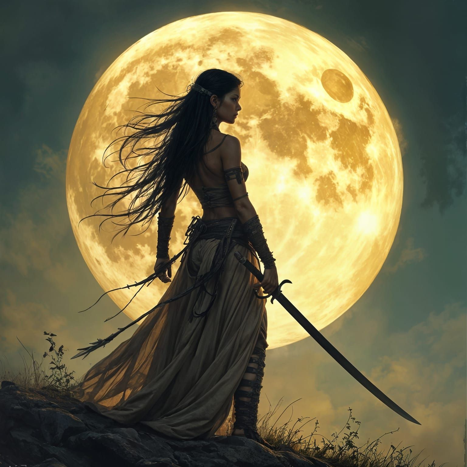 Tribal Swordswoman Under a Massive Moon