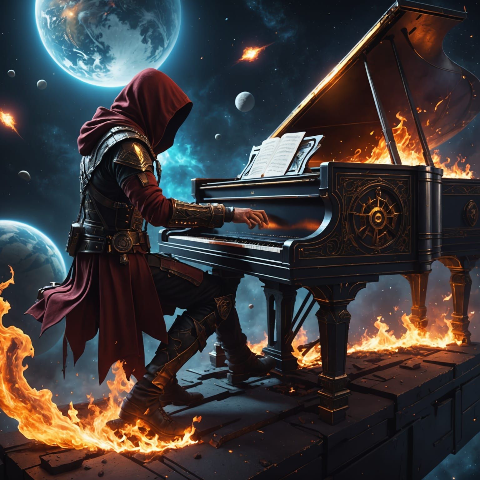 Assassin Playing Fire Piano in Space